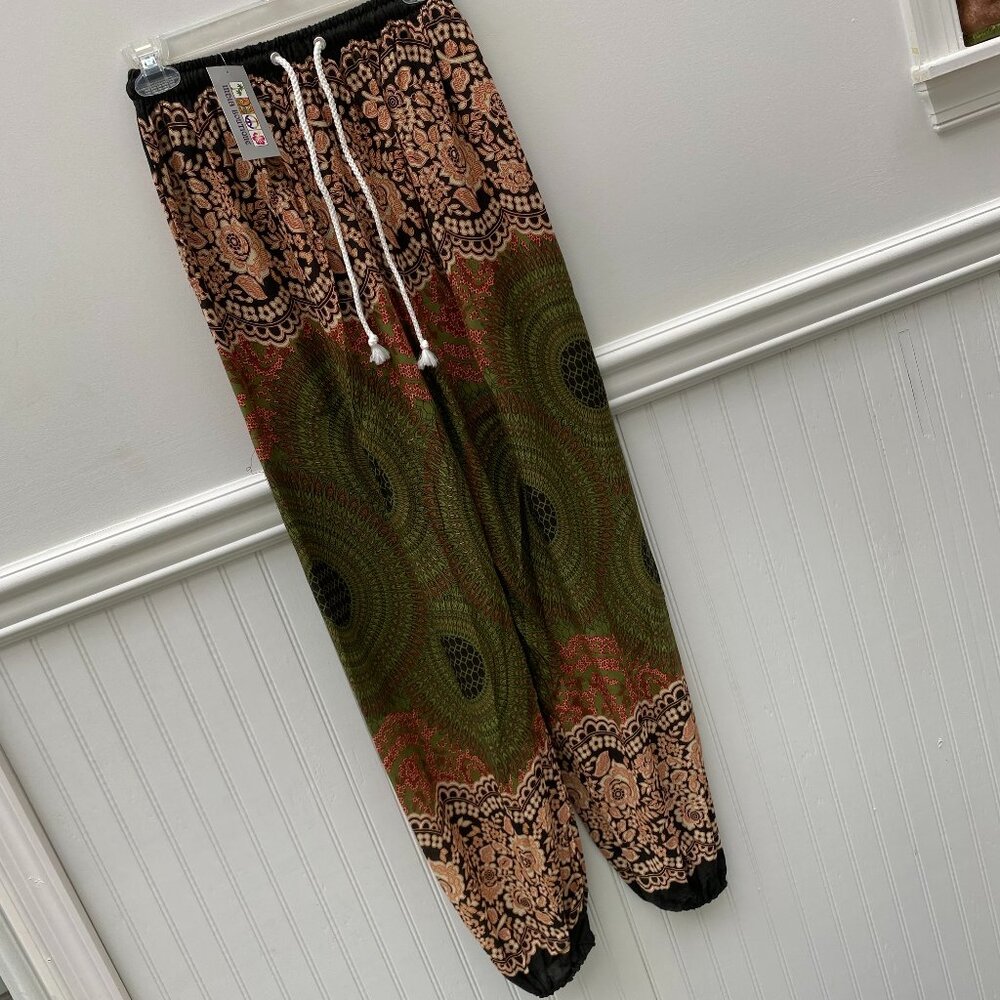 Boho Printed Drawstring Palazzo Pants - Olive & Black